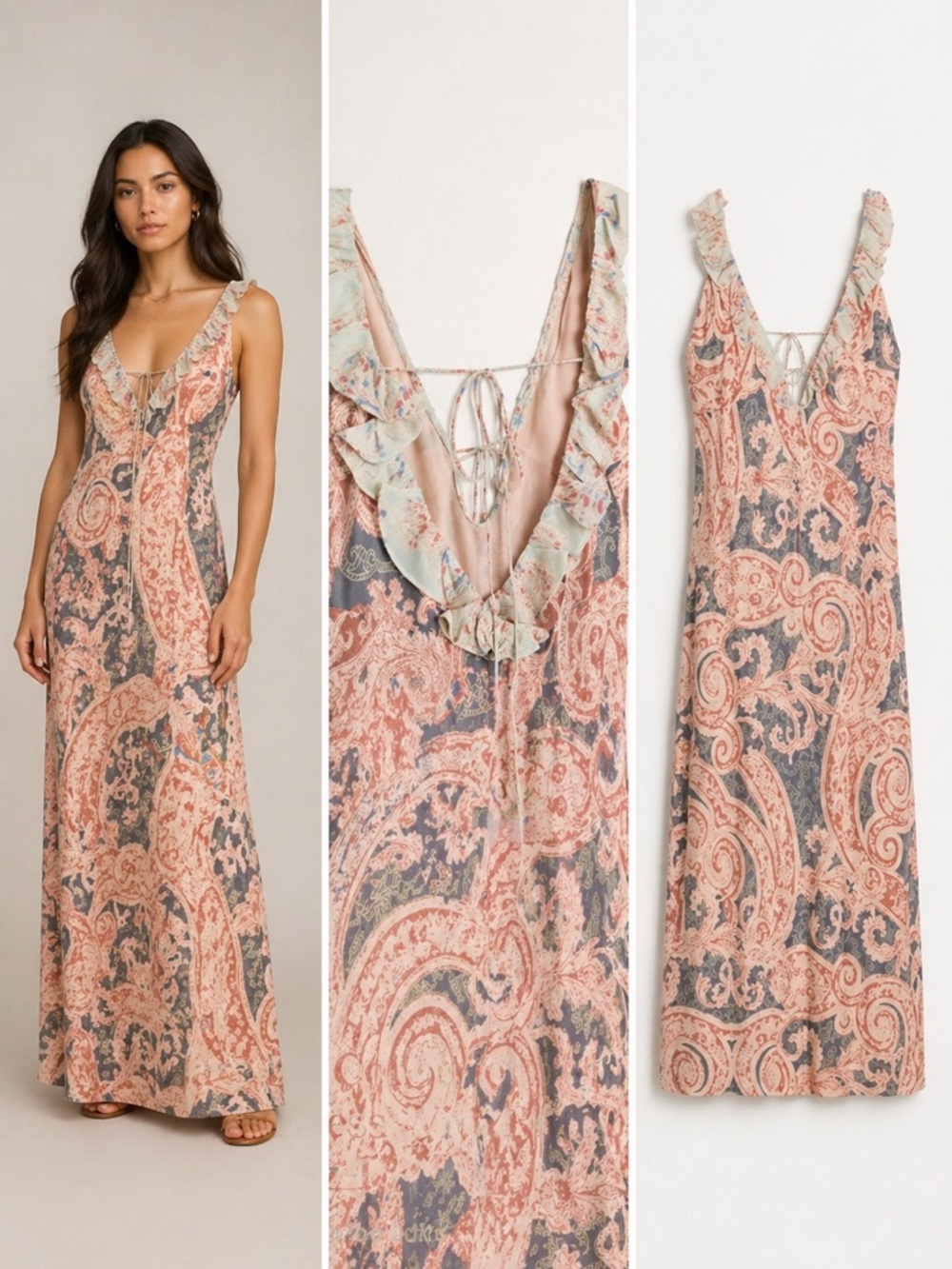Zara Coral & Slate Paisley Ruffle-Trim Maxi Dress